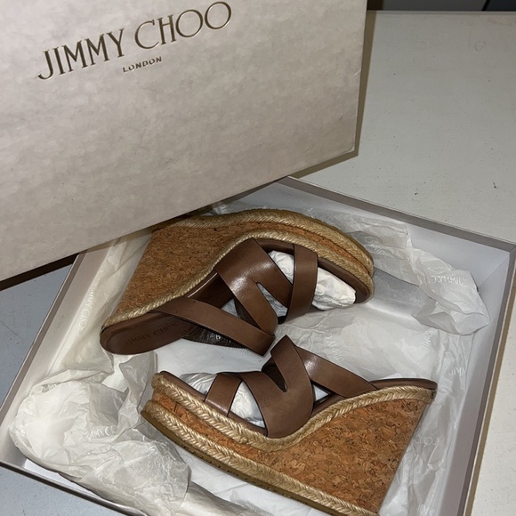 LkNew JIMMY CHOO Prisma Vachetta Cork Wedge platform Sandal in MINK TAN 38.5 38 - Picture 4 of 11